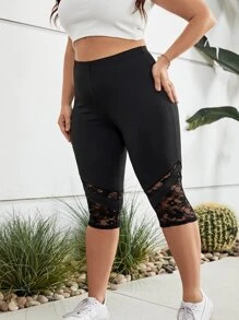SHEIN LUNE Plus Contrast Lace Capri Leggings - Black - View 1