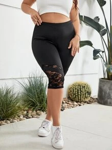 SHEIN LUNE Plus Contrast Lace Capri Leggings - Black - View 4
