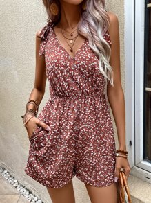 SHEIN VCAY Áo liền quần nữ Thắt nút Túi Trọn gói Họa tiết hoa Boho - Nhiều màu - Xem 1