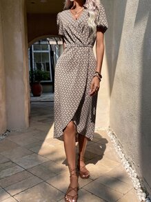 SHEIN Clasi Allover Print Surplice Neck Wrap Hem Dress - Khaki - View 4