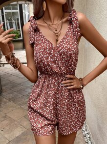 SHEIN VCAY Áo liền quần nữ Thắt nút Túi Trọn gói Họa tiết hoa Boho - Nhiều màu - Xem 3