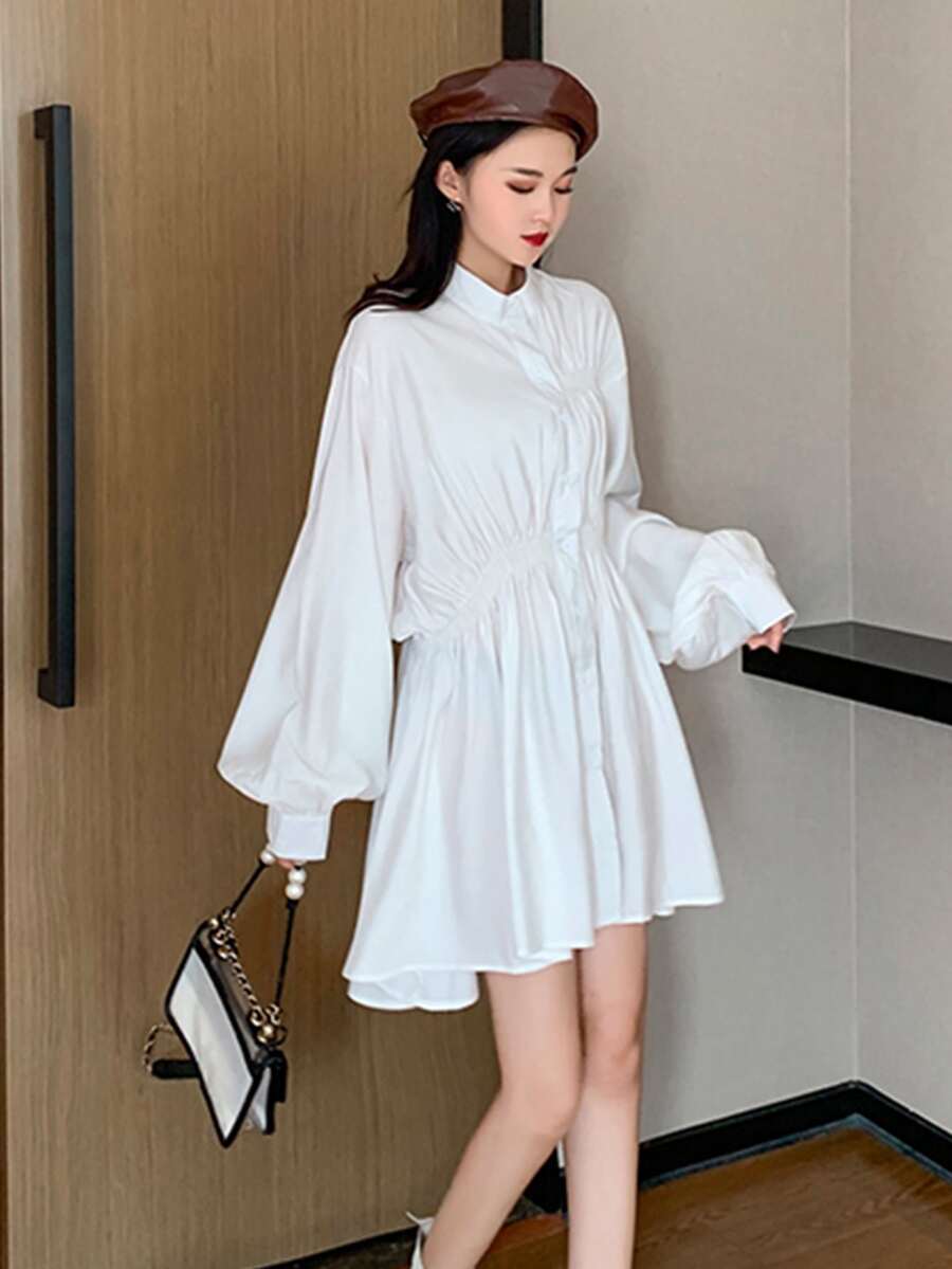 素色褶邊燈籠袖襯衫洋裝