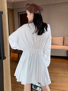 素色褶邊燈籠袖襯衫洋裝