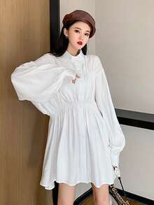 素色褶邊燈籠袖襯衫洋裝