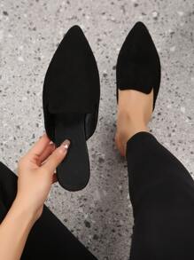 2025 秋季女士时尚尖头黑色绒面革一脚蹬平底鞋，日常穿着，透气软底，欧码 35-45，春夏 - 黑色 - 查看 3