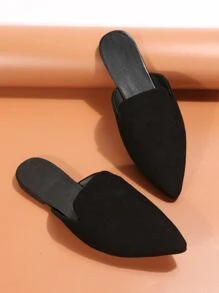 2025 秋季女士时尚尖头黑色绒面革一脚蹬平底鞋，日常穿着，透气软底，欧码 35-45，春夏 - 黑色 - 查看 5