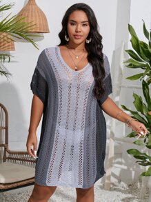 Swim Lushoire Plus Colorblock Batwing Sleeve Cover Up Dress Without Bikini, For Summer Beach Vacation - Multicolor - View 1