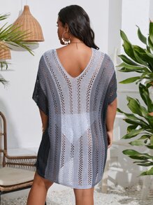Swim Lushoire Plus Colorblock Batwing Sleeve Cover Up Dress Without Bikini, For Summer Beach Vacation - Multicolor - View 2
