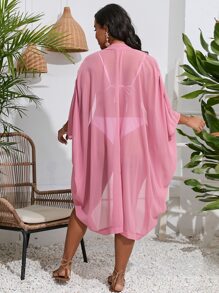 SHEIN Swim Curve Kimono unicolor de manga murciélago con parte delantera abierta - Rosa vieja - Ver 2