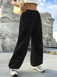SHEIN EZwear 側翻蓋口袋腰部抽繩工裝褲 - 黑色 - 查看 1