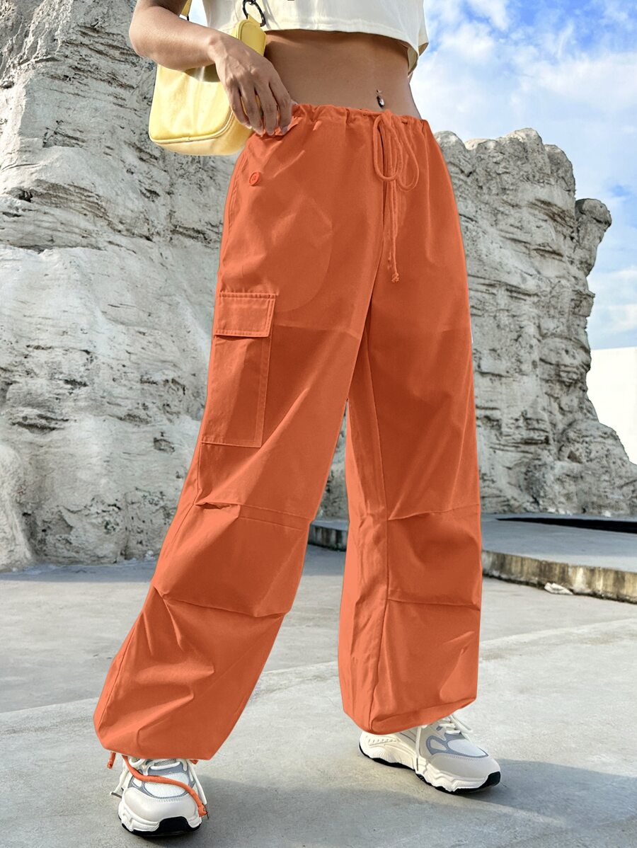 SHEIN EZwear Flap Pocket Side Drawstring Waist Pants - Orange - View 1