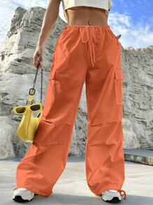 SHEIN EZwear Flap Pocket Side Drawstring Waist Pants - Orange - View 4