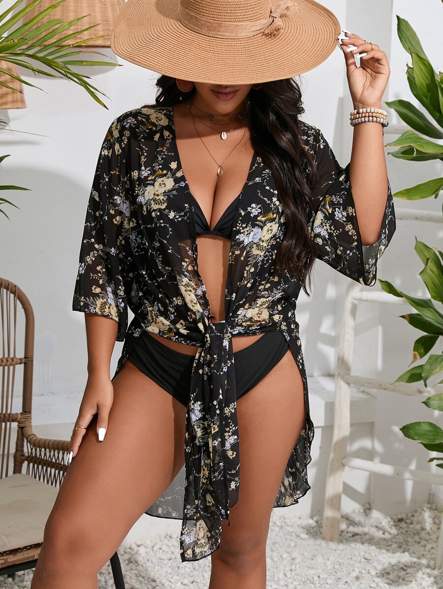 Plus Floral Print Kimono - Multicolor - View 1