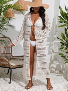 SHEIN Swim Curve Plus Hollow Out Drop Shoulder Kimono - Apricot - View 1