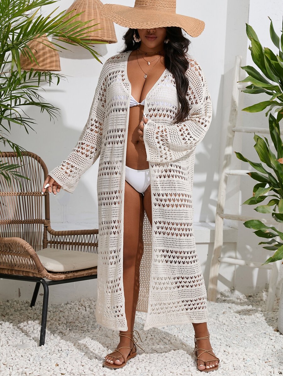SHEIN Swim Curve Plus Hollow Out Drop Shoulder Kimono - Apricot - View 1