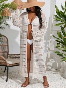 SHEIN Swim Curve Plus Hollow Out Drop Shoulder Kimono - Apricot - View 3