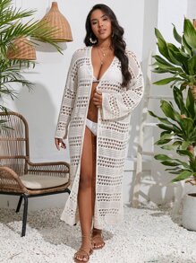 SHEIN Swim Curve Plus Hollow Out Drop Shoulder Kimono - Apricot - View 4