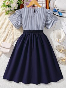 Conjunto de 2 piezas de blusa campesina elegante con mangas abullonadas y falda hasta la rodilla para niña preadolescente, ideal para vacaciones en el campo - Azul y blanco - Ver 2