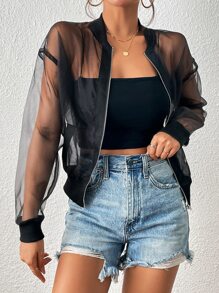 SHEIN Privé Zip Up Drop Shoulder Mesh Bomber Jacket - Black - View 1