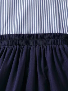 Conjunto de 2 piezas de blusa campesina elegante con mangas abullonadas y falda hasta la rodilla para niña preadolescente, ideal para vacaciones en el campo - Azul y blanco - Ver 3