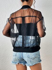 SHEIN Privé Zip Up Drop Shoulder Mesh Bomber Jacket - Black - View 2