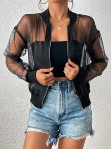 SHEIN Privé Zip Up Drop Shoulder Mesh Bomber Jacket - Black - View 4