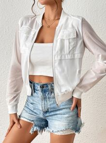 SHEIN Privé Flap Pocket Zip Up Bomber Jacket - White - View 3