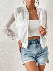 SHEIN Privé Flap Pocket Zip Up Bomber Jacket - White - View 5