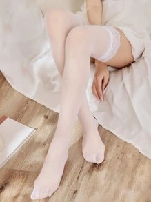 Contrast Lace Over The Knee Socks - White - View 1