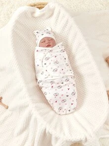 1入組嬰兒卡通印花紗布包被和1入組帽子,多用途室內外嬰兒包被,防滑嬰兒搖籃包被 - 彩色 - 查看 2