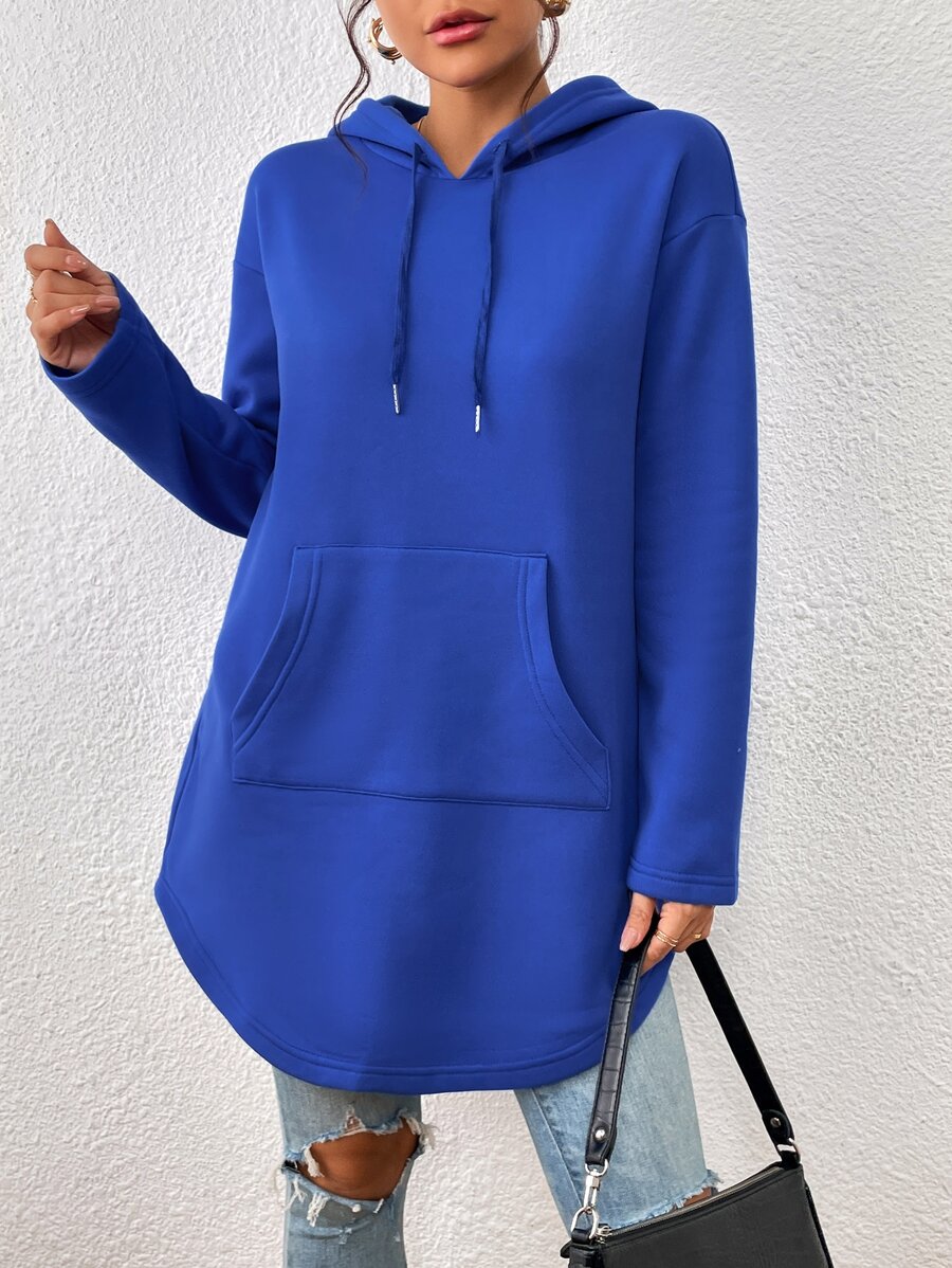 SHEIN Essnce 袋鼠口袋落肩袖抽繩連帽衫 - 寶藍色 - 查看 1