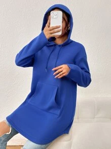 SHEIN Essnce 袋鼠口袋落肩袖抽繩連帽衫 - 寶藍色 - 查看 3