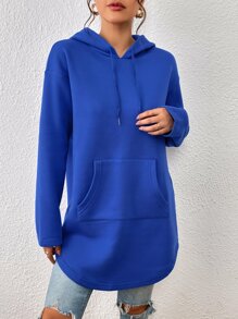 SHEIN Essnce 袋鼠口袋落肩袖抽繩連帽衫 - 寶藍色 - 查看 4