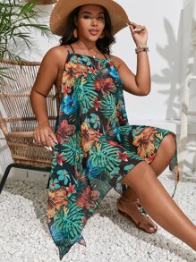 SHEIN Swim Curve Plus Tropical Print Hanky Hem Cami Dress - Multicolor - View 1