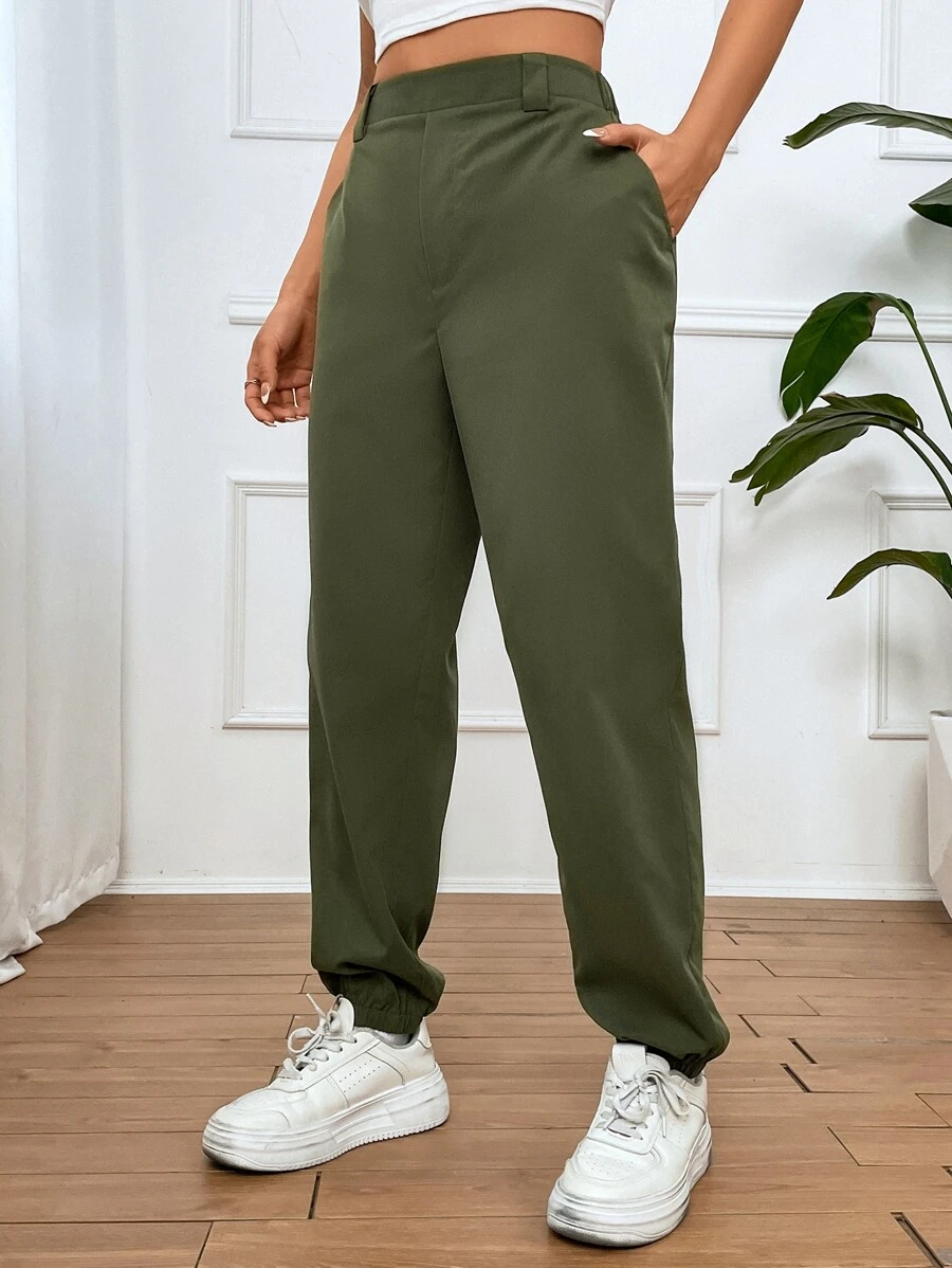 SHEIN Unity Solid Slant Pocket Trousers - Army Green - View 1