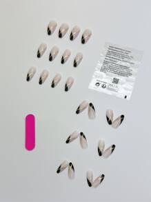 升级您的外观，使用 24 片短杏仁黑色法式闪光条纹假指甲、1 片胶带和 1 个指甲锉按压指甲美甲用品指甲 - 彩色 - 查看 2