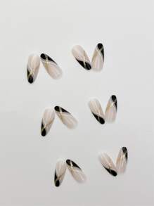 升级您的外观，使用 24 片短杏仁黑色法式闪光条纹假指甲、1 片胶带和 1 个指甲锉按压指甲美甲用品指甲 - 彩色 - 查看 3