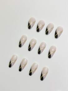 升级您的外观，使用 24 片短杏仁黑色法式闪光条纹假指甲、1 片胶带和 1 个指甲锉按压指甲美甲用品指甲 - 彩色 - 查看 4