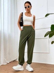 SHEIN Unity Solid Slant Pocket Trousers - Army Green - View 5