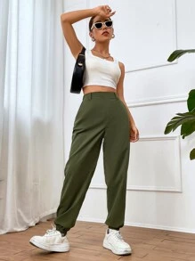 SHEIN Unity Solid Slant Pocket Trousers - Army Green - View 7