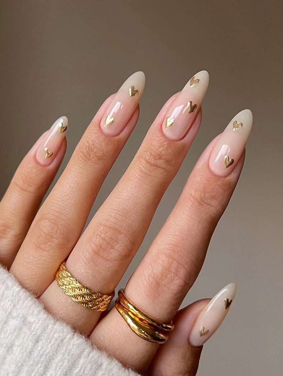 轉換你指甲片帶24入組短杏仁金屬質感燙金愛心圖案假指甲和1入組指甲銼和1張膠帶 - 彩色 - 查看 1