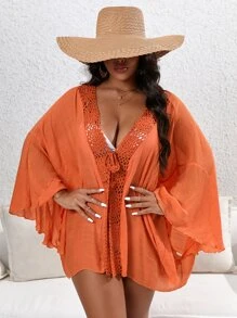 Plus Solid Drop Shoulder Kimono - Orange - View 6