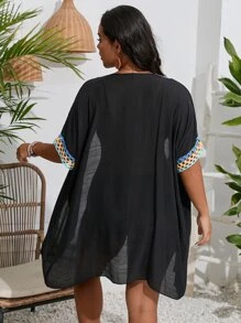 Plus Contrast Trim Batwing Sleeve Kimono - Black - View 2