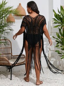 Plus Fringe Hem Hollow Out Kimono - Black - View 2