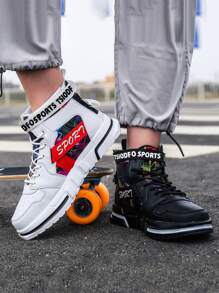 男士字母圖案高幫前綁帶運動鞋,圓頭板鞋適用於日常 - 彩色 - 查看 2