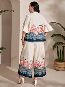 Mulvari Plus Floral Print Flounce Sleeve Top & Wide Leg Trousers - Navy Blue - View 3