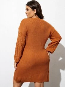 SHEIN LUNE Plus Cable Knit Drop Shoulder Jumper Dress Without Belt - Ginger - View 2