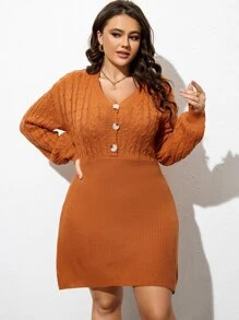 SHEIN LUNE Plus Cable Knit Drop Shoulder Jumper Dress Without Belt - Ginger - View 3