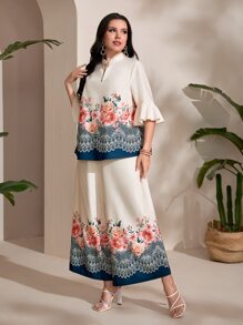 Mulvari Plus Floral Print Flounce Sleeve Top & Wide Leg Trousers - Navy Blue - View 4