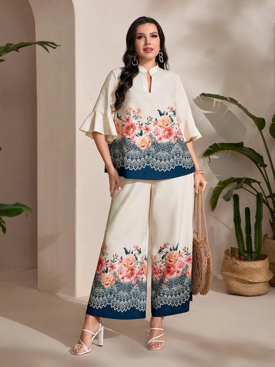 Mulvari Plus Floral Print Flounce Sleeve Top & Wide Leg Trousers - Navy Blue - View 1